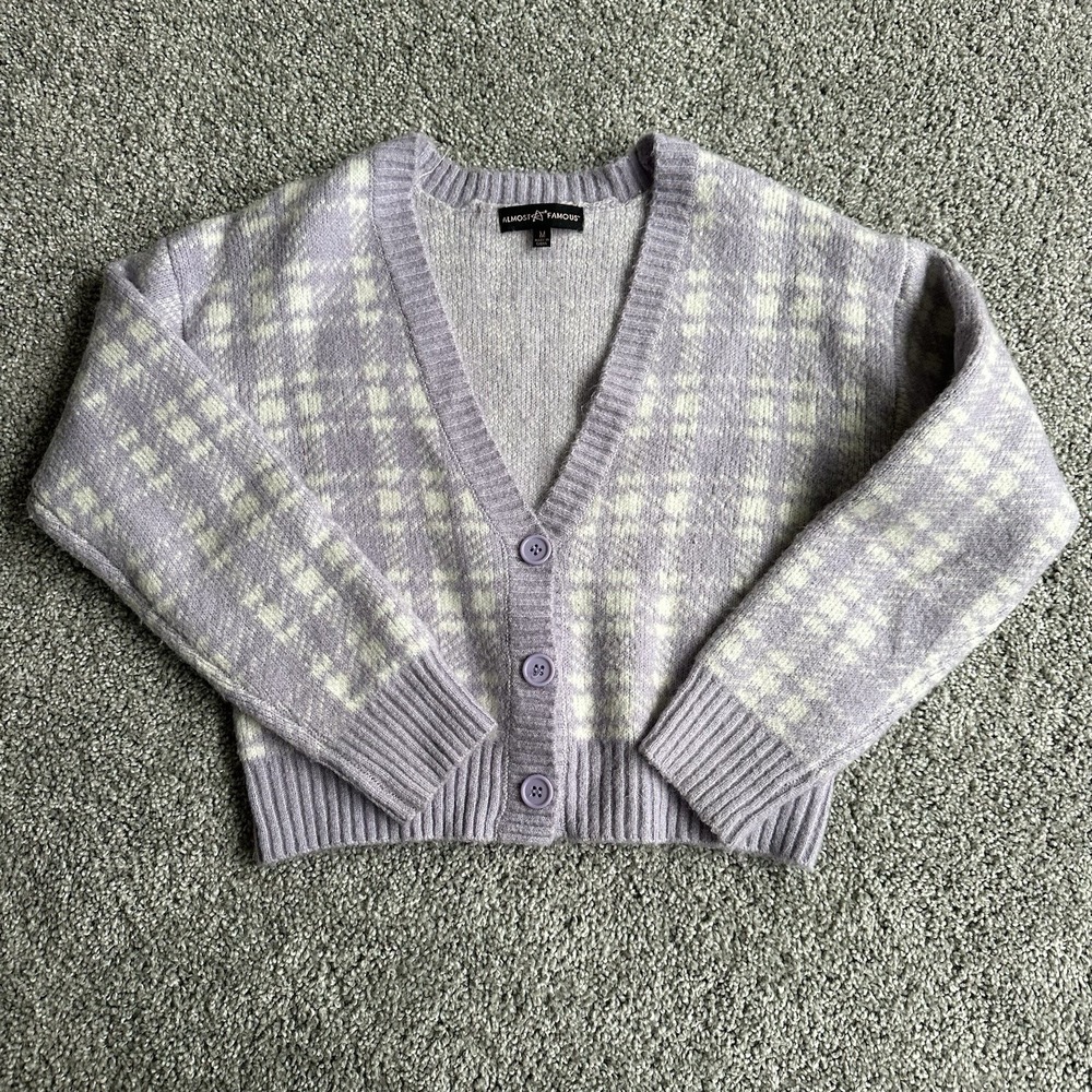 Purple‎ cropped houndstooth button up cardigan. Size Medium Almost famous